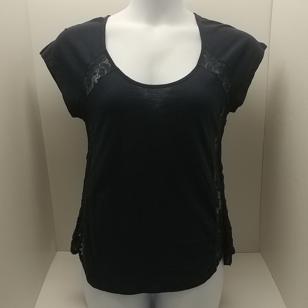 W.F. women's cap sleeve top large dark blue lace inlays